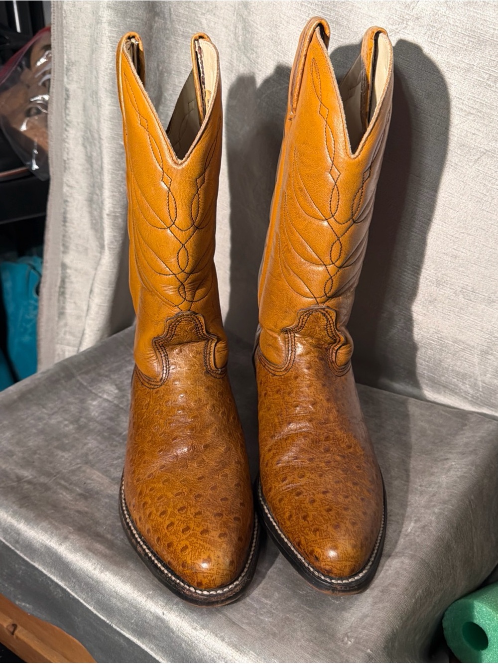 Dexter Men’s Faux Ostrich Leather Western Cowboy Boots Honey Brown Size 9W